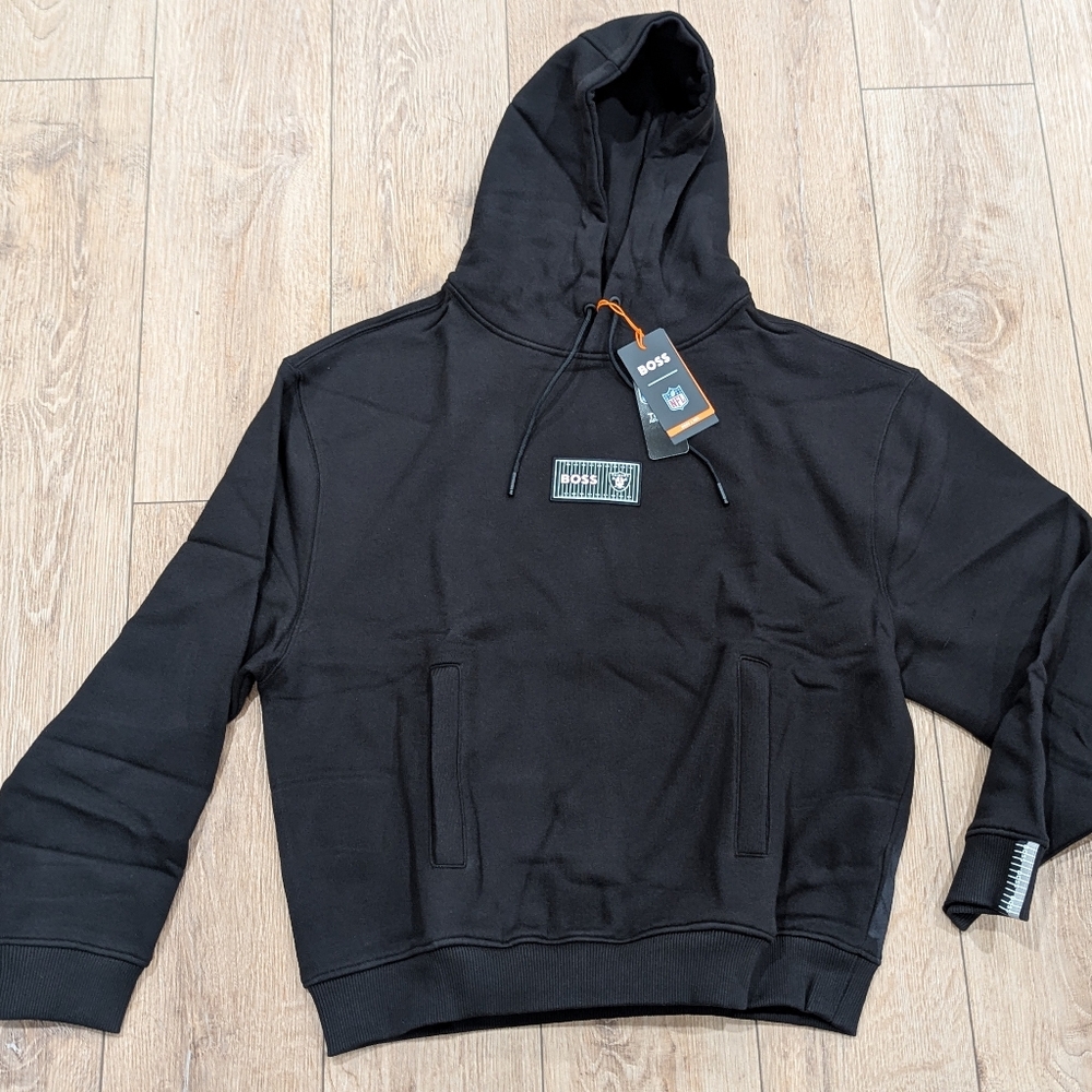 $228 Mens BOSS X NFL Las Vegas Raiders Patch Pullover Hoodie Black Large